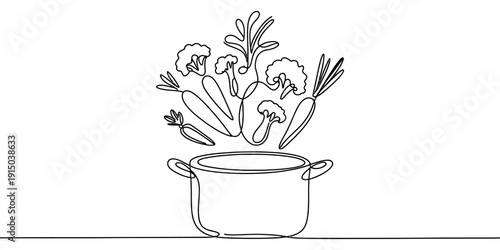 Continuous line drawing of a cooking pot with fresh vegetables like carrots and broccoli.