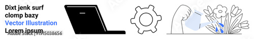 Technology, productivity, development, environmental care, sustainability, teamwork. A black laptop, gear symbol and a hand watering flowers. Technology and environmental care concepts