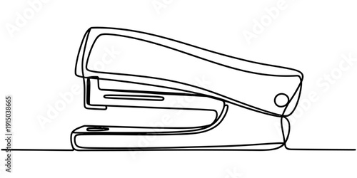 A minimalist continuous line drawing of a classic office stapler on a plain white background