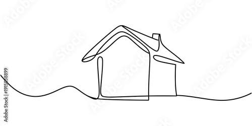 A minimalist continuous line drawing of a simple house with a chimney on a white background