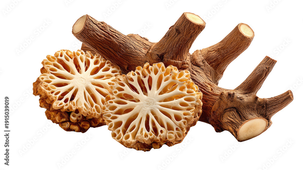 Obraz premium Mushroom Medley: A close-up view of a collection of fresh, exotic mushrooms, showcasing their unique textures and intricate forms.