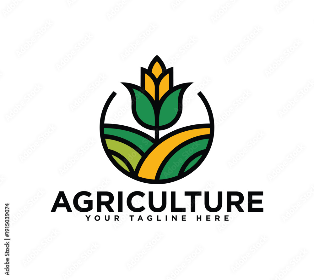 Fototapeta premium Modern agriculture logo featuring stylized corn plant and fields