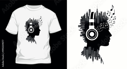 Music lover silhouette with headphones and cityscape double exposure style for urban lifestyle t-shirt design