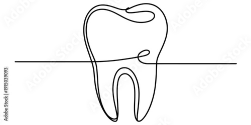 One continuous line drawing of a molar tooth icon for dental health and medical concept