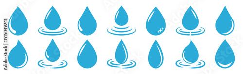 Water drop icon collection. Blue liquid droplets with ripple reflections in flat style. Clean aqua symbols for eco and hygiene themes