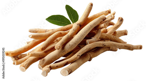 Ashwagandha Roots Display: A close-up shot of Ashwagandha roots, a traditional herb used in Ayurvedic medicine, is laid out with vibrant green leaves, symbolizing health and wellness.