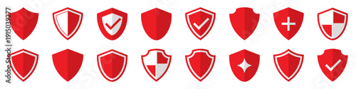 Security shield icons collection. Red protection emblems with check marks and symbols. Safety and insurance concept elements