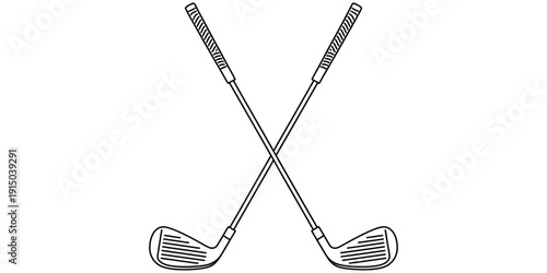 A simple black and white line art illustration of two crossed golf irons on a white background.