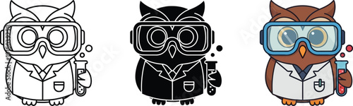 Whimsical owl scientist wearing lab coat and goggles, holding a test tube with bubbles, vector illustration
