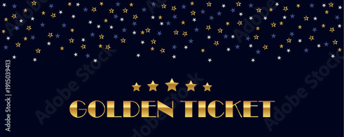 golden ticket text on dark background with confetti vector illustration