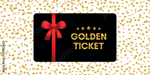 golden ticket text on isolated background with confetti vector illustration