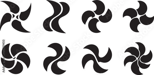 Set of black abstract swirling shapes on white background