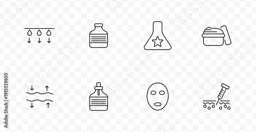 Cosmetic dermatology set icon. Skin with droplets, bottles, serum, cream jar, mask, injection needle in skincare beauty line style.