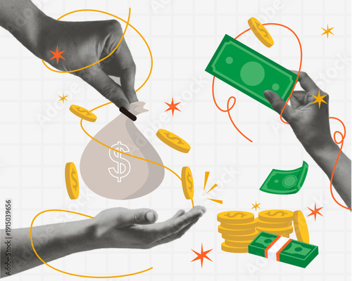 halftone realistic Hands Exchanging Money and Coins Over Bag of Cash Representing Finance, Payment