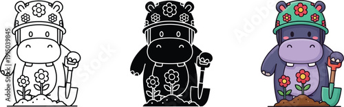 Charming cartoon hippopotamus gardener wearing a floral helmet, planting flowers with a shovel, vector illustration