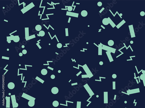 A vibrant digital illustration featuring various green shapes and symbols on a dark blue background