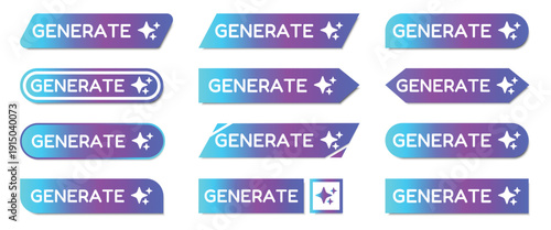 Generate button collection in gradient style. Modern call to action elements with sparkle icon and rounded shapes. UI controls for creative web applications
