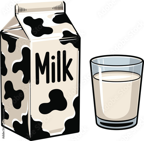 A carton of milk with black and white cow pattern next to a glass of milk drink beverage