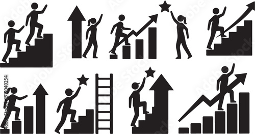 Business success and growth concept with stick figures ascending