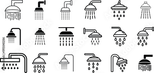 Bathroom Shower Head Icons Set, Water Spray and Plumbing Fixture Vector Collection
