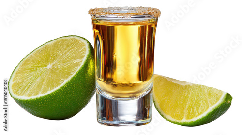 Golden Elixir: A vibrant shot of tequila, presented with a fresh lime, embodying the spirit of celebration and relaxation. 