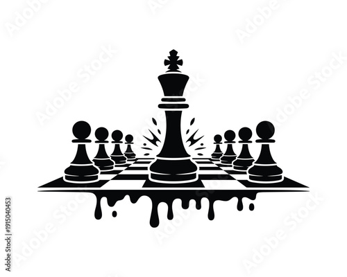 Black king piece stands proudly behind pawns on a chessboard with dripping ink effect