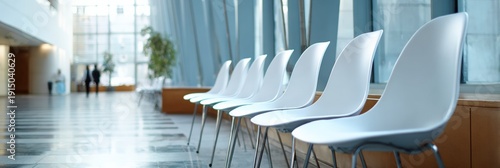 Modern office interior with row of empty white chairs in bright hallway