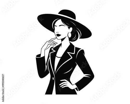 Elegant woman wearing a stylish widebrimmed hat and tailored blazer posing confidently