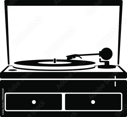 Black and white of a vintage record player with a vinyl record and two drawers turntable
