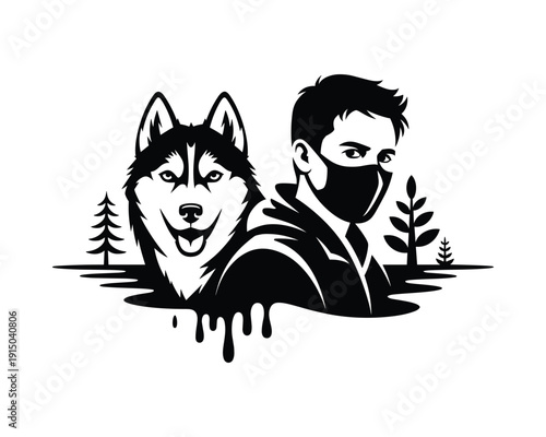 Stylized illustration of a husky dog and a person wearing a face mask in a forest environment