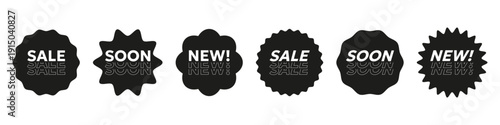 Sale soon new badges set. Black promotional labels with bold typography. Modern marketing elements for retail announcements