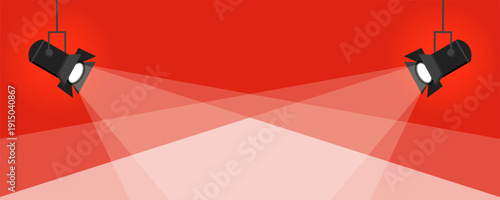 Stage spotlight background scene. Red theater backdrop with hanging lamps and light beams. Dramatic presentation template for events