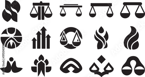 Set of black and white law icons and symbols