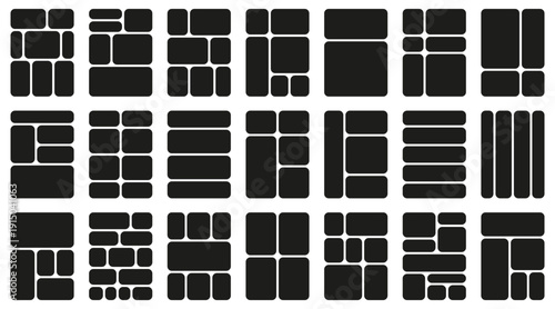 Dashboard layout blocks set. Black rounded rectangles arranged in modular compositions. UI wireframe templates for web interfaces