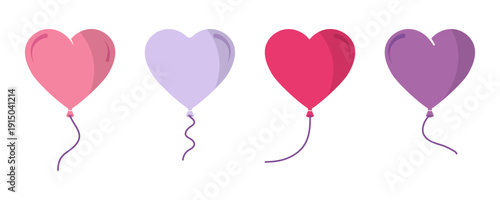 Heart balloon icons set. Colorful romantic air balloons in pink purple tones. Love celebration elements for valentines themes