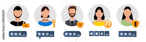 User avatar security concept set. Profile illustrations with password fields and lock icons. Privacy and authentication theme elements
