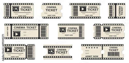 Cinema ticket templates collection. Retro movie admit passes with barcode and seat fields. Entertainment voucher designs isolated on background