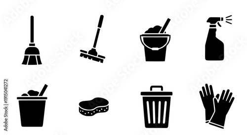 Collection of black silhouette icons representing essential household cleaning supplies including a broom, mop, buckets, spray bottle, sponge, trash can, and protective gloves on transparent backgroun