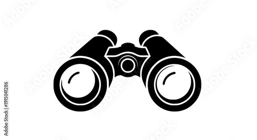 Simple black and white graphic silhouette icon of field binoculars used for viewing distant objects, scouting, or optical magnification on transparent background