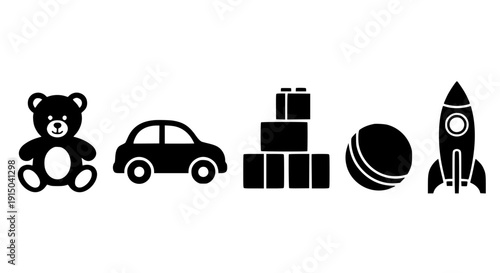 Collection of simple black silhouette icons depicting children's toys including a teddy bear car building blocks ball and space rocket on transparent background