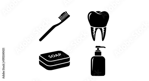 Collection of black silhouette icons representing essential personal hygiene items including a toothbrush a molar tooth a bar of soap and a liquid soap dispenser on transparent background