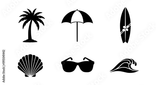 Collection of essential black silhouette icons representing tropical vacation elements like a palm tree, umbrella, surfboard, seashell, sunglasses, and ocean wave on transparent background
