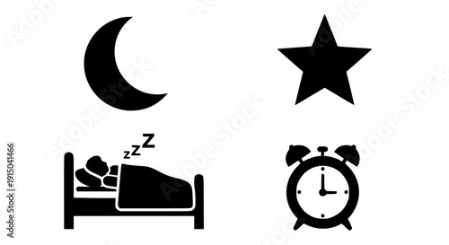 Black silhouette icons representing nighttime rest, sleeping person in bed, crescent moon, shining star, and essential morning alarm clock symbol on transparent background