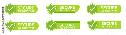 Secure ssl encryption banners set. Green protection labels with shield and check mark icon. Website security elements for online services