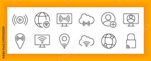 Wi-Fi connectivity set icon. Signals, maps, screens, clouds, user profiles, locks, and network points outlined to depict online access, geolocation, data sharing, and wireless communication.