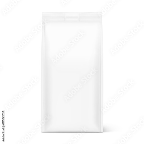 Vertical flat bottom gusset bag mockup for food, sport nutrition. Front view. Vector illustration isolated on white background. Can be use for template your design. EPS10.