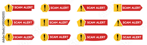 Scam alert warning banners set. Red labels with yellow caution icons and exclamation marks. Security notification elements for online protection