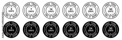 Free trial badges set. Circular stamps with different day counts and star accents. Promotional labels for subscription marketing campaigns