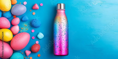 Vibrant Reusable Water Bottle with Sparkling Water on a Blue Background for Eco-Friendly Hydration