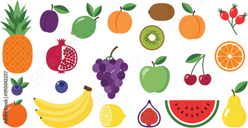 Fresh Fruit Vector Collection with Apple, Banana, Orange, Watermelon, Grapes, Kiwi, Pineapple, and Other Colorful Healthy Food Illustrations